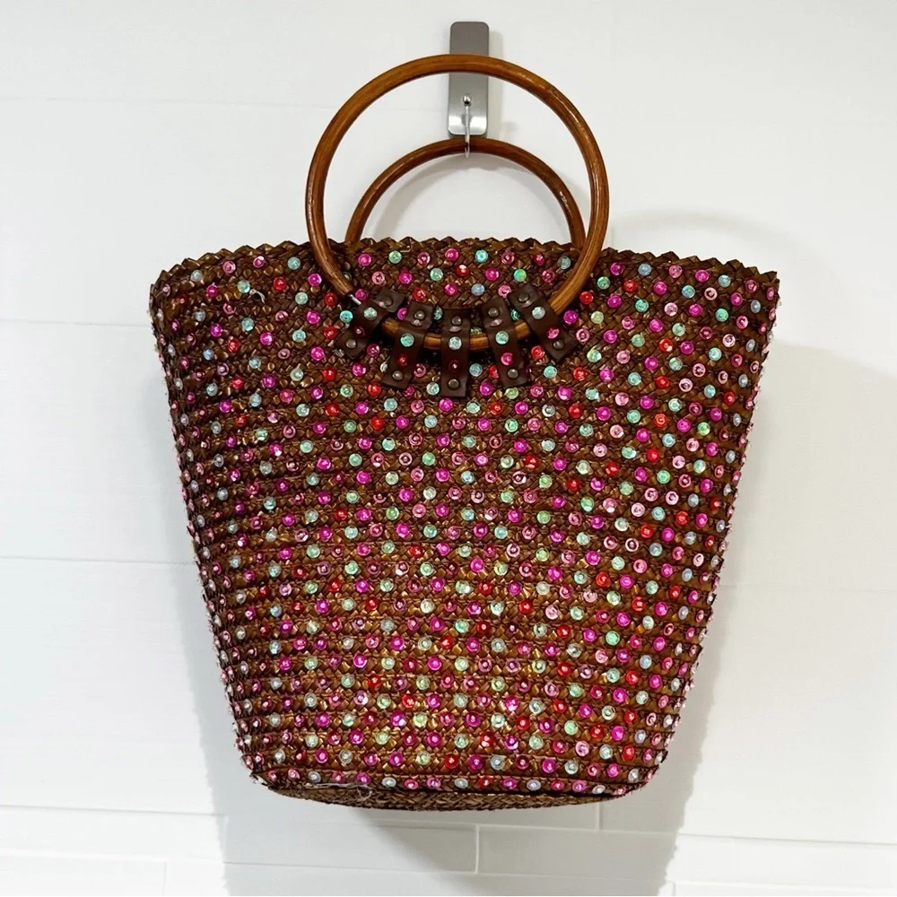 Victoria Secret sequined basket bag with wooden handles. Vintage